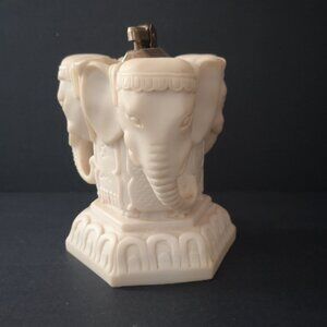 VTG Elephant Themed Carved Stone Tabletop Candle Holder Made in Italy Cream